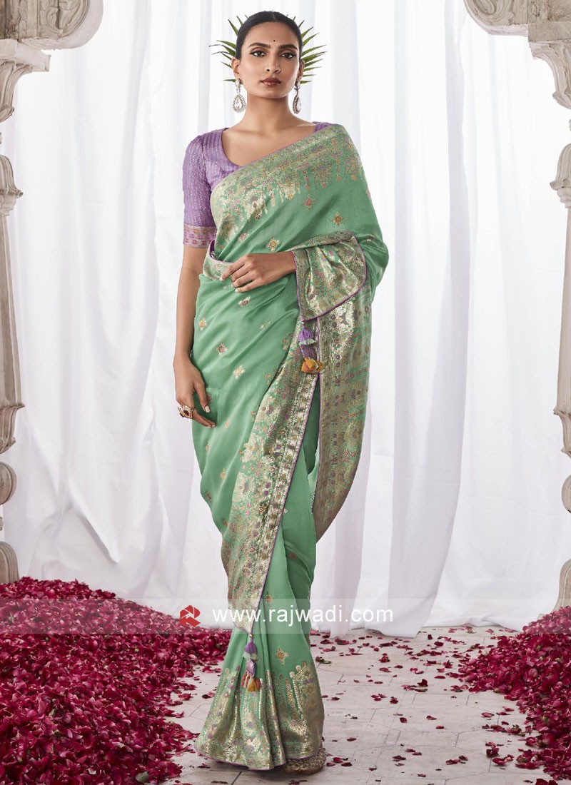 Banarasee Faux Georgette Saree With Silver Zari Buta & Border-Olive Gr