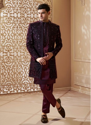 Designer Purple Velvet Jacket Style Indowestern For Groom