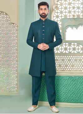 Designer Rama Blue Silk Jacket Style Indowestern Set
