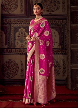 Designer Rani Pink Banarasi Crepe Festive Saree