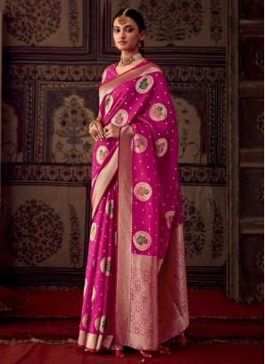 Designer Rani Pink Banarasi Crepe Festive Saree