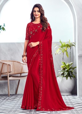 Designer Red Chiffon Silk Saree For Wedding