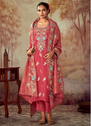 Designer Coral Embroidered Dress Material