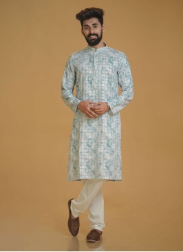 Designer Sea Green Thread Embroidered Silk Kurta Pajama