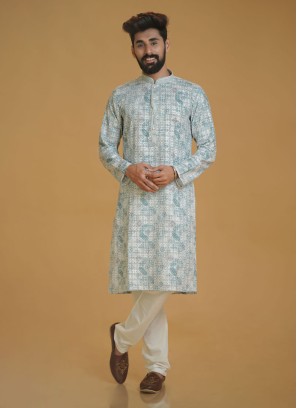 Designer Sea Green Thread Embroidered Silk Kurta Pajama