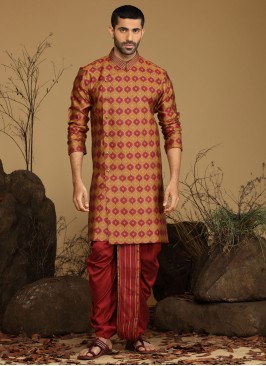Designer Silk Printed Dhoti Style Kurta Pajama Set