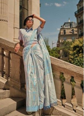 Designer Sky Blue Weaving Handloom Silk Saree