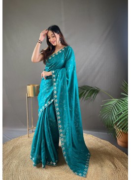 Designer Teal Blue Silk Saree