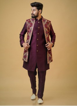 Designer Thread Embroidered Nehru Jacket Set In Wine