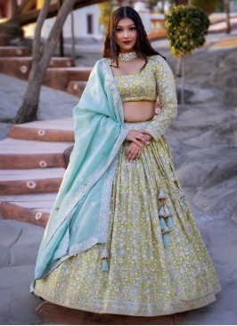 Pastel Lemon Yellow Chiffon Designer Lehenga Choli