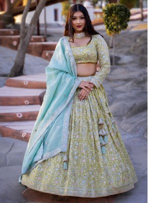 Pastel Lemon Yellow Chiffon Designer Lehenga Choli