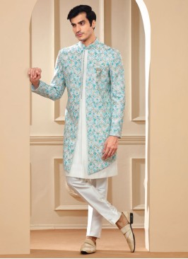Designer White And Blue Indowestern In Silk