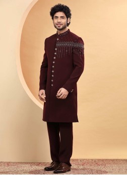 Designer Wine Embroidered Indowestern Set