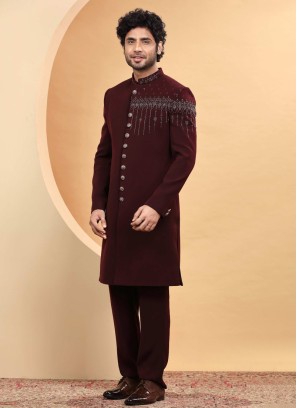 Designer Wine Embroidered Indowestern Set