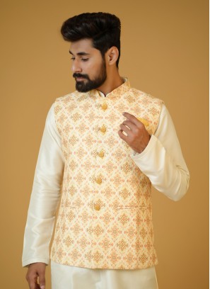 Designer Yellow Silk Nehru Jacket