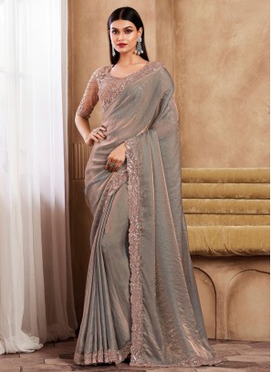 Designer Grey Silk Festive Saree