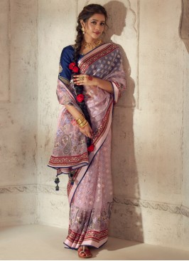 Pink Printed Festival Wear Organza Saree