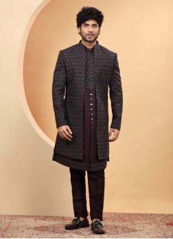 Wine Embroidered Indowestern Set With Jacket