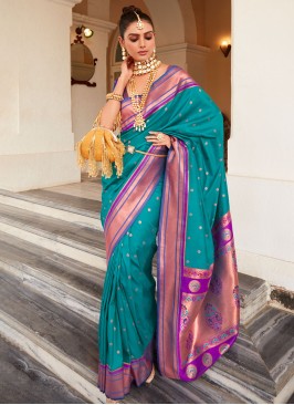 Stunning Dark Turquoise Designer Woven Embroidered Saree