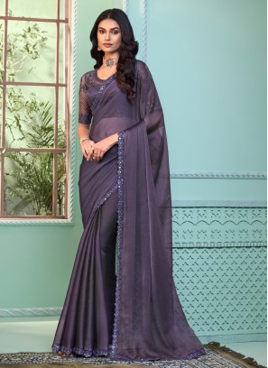 Dusty Lavender Georgette Saree With Embroidered Border