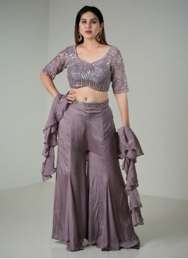 Dusty Lilac Embroidered Crop Top Palazzo Set With Dupatta