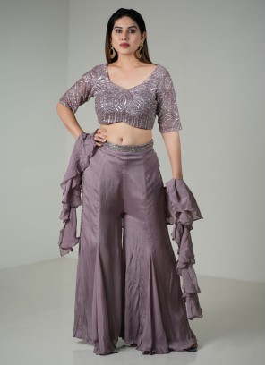 Dusty Lilac Embroidered Crop Top Palazzo Set With Dupatta