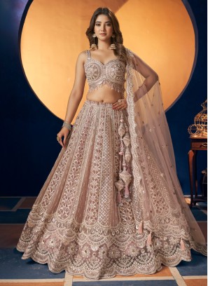 Dusty Rose Pink Embroidered Lehenga Set In Net Fabric