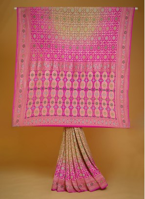 Dusty Rose Pink Khadi Chiffon Bandhani Saree