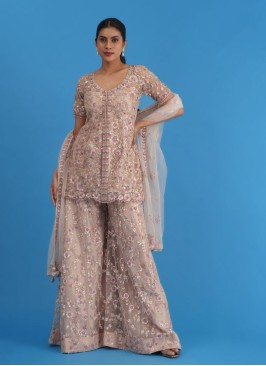 Dusty Rose Pink Palazzo Suit Set With Heavy Embroi