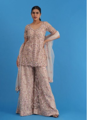 Dusty Rose Pink Palazzo Suit Set With Heavy Embroidery