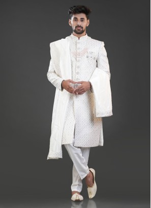Wedding Wear White Embroidered Sherwani For Groom