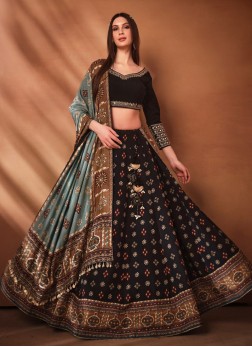 Elegant Black Ethnic Printed Silk Lehenga Choli