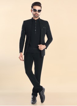 Elegant Black Jodhpuri Suit With Embroidered Jacke