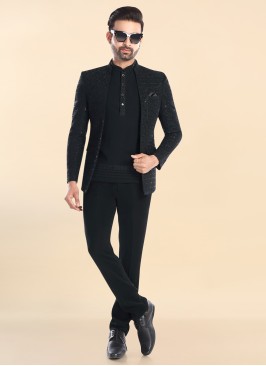 Elegant Black Jodhpuri Suit With Embroidered Jacket