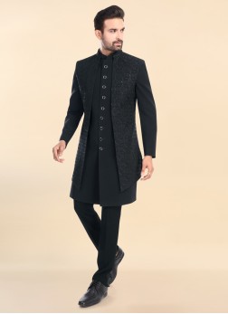 Elegant Black Mens Indowestern Jacket Set Ensemble