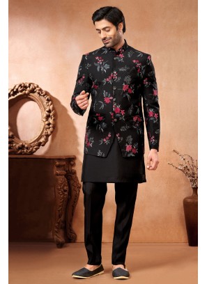 Elegant Black Thread Embroidered Jacket Style Indowestern Set