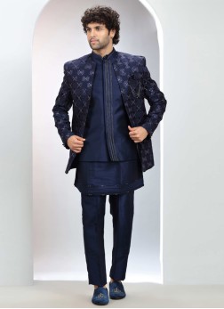 Elegant Blue Groom Jacket Style Thread Embroidered