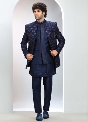 Elegant Blue Groom Jacket Style Thread Embroidered Indowestern Set