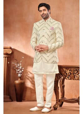 Elegant Cream Sequins Embroidered Indowestern For Men