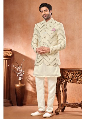 Elegant Cream Sequins Embroidered Indowestern For Men