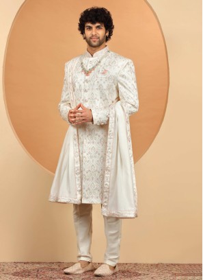 Elegant Cream Silk Sherwani Set With Intricate Embroidery Work