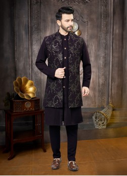 Elegant Dark Wine Embroidered Nehru Jacket Set