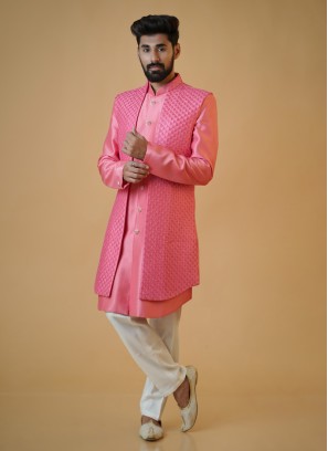 Elegant Deep Pink Mens Indowestern Jacket Set Ensemble