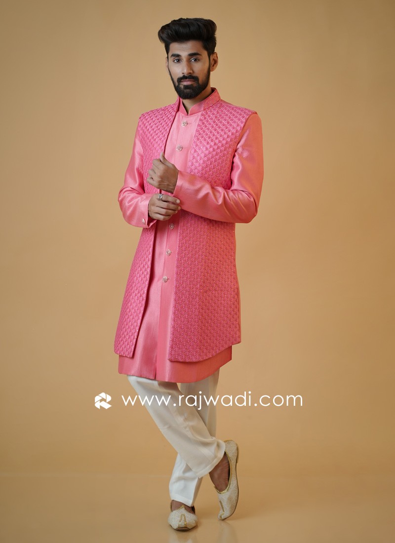 Elegant Deep Pink Mens Indowestern Jacket Set Ensemble