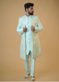 Elegant Firozi Embroidered Jacket Indowestern For 
