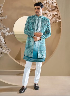 Elegant Firozi Jacket Style Indowestern For Men