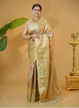 Elegant Golden And Lemon Yellow Embroidered Kanjivaram Silk Saree