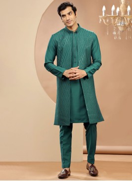 Elegant Green Thread Embroidered Jacket Style Indowestern Set