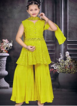 Elegant Green Yellow Palazzo Set With Embroidered Work