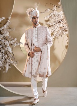 Elegant Jacket Style Art Silk Embroidered Sherwani Set